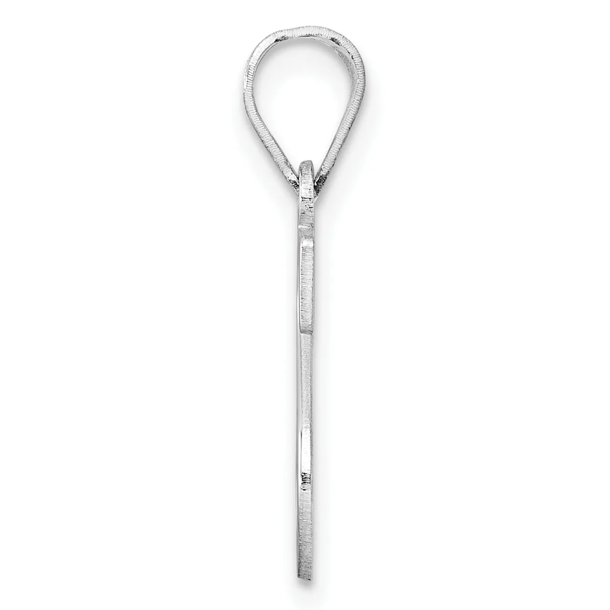 A long silver pendant necklace with a looped teardrop-shaped top and an open mesh tube body ending in a tapered point.