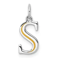 Silver letter S pendant with gold-colored curved stripe detail and a small loop at the top for hanging.