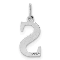 Sterling silver number two pendant with a brushed finish and a small stamped hallmark, suspended from a thin bail loop.