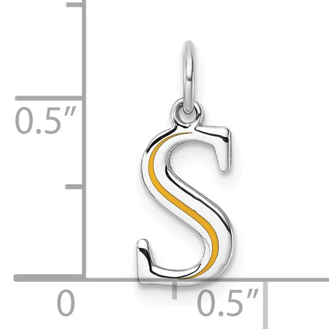 Silver letter S charm with gold stripe accent, shown next to a measurement scale indicating approximately 0.5 inches in height.