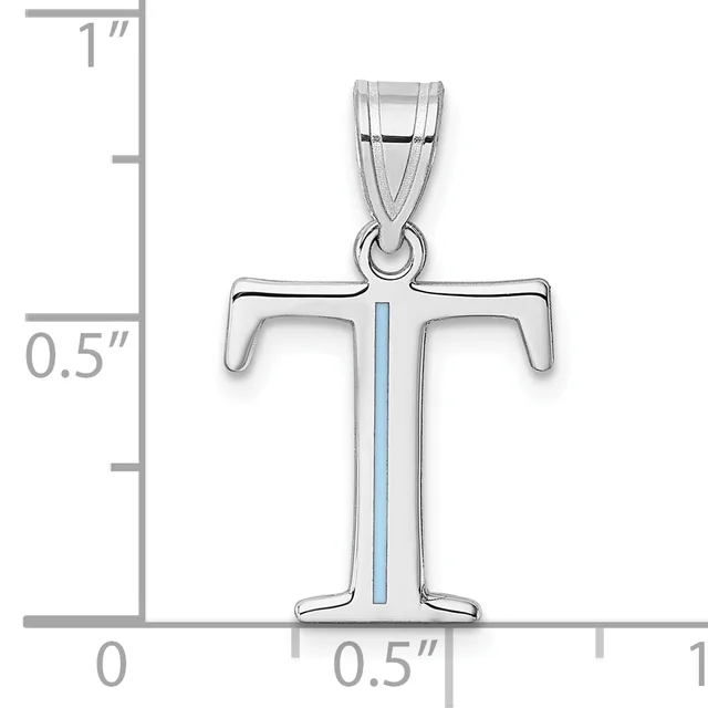 Silver cross pendant with blue enamel stripe down the center, shown against a ruler indicating approximately one inch in height and half inch in width.