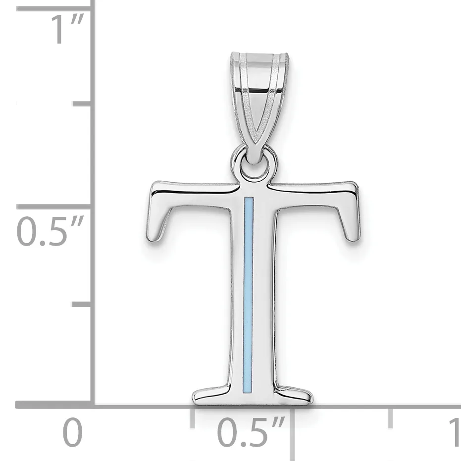 Silver cross pendant with blue enamel stripe down the center, shown against a ruler indicating approximately one inch in height and half inch in width.