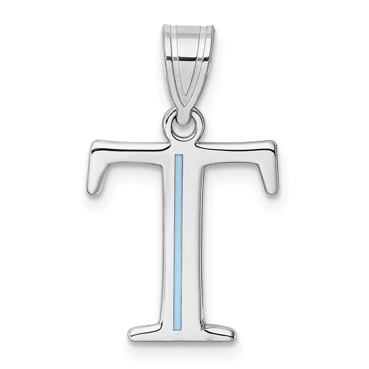 Silver cross pendant with blue enamel stripe down the center, displayed against a white background.