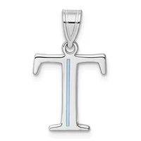 Silver cross pendant with blue enamel stripe down the center, displayed against a white background.
