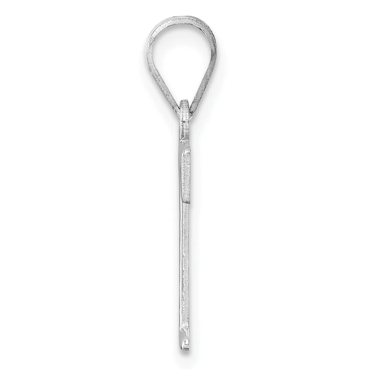 A silver teardrop-shaped pendant necklace with a long chain, shown against a white background.
