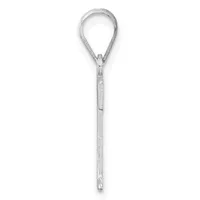 A silver teardrop-shaped pendant necklace with a long chain, shown against a white background.