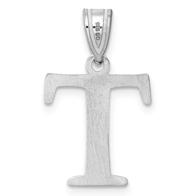 Sterling silver letter T pendant with a brushed finish and a small stamped hallmark on the bail, shown hanging against a white background.