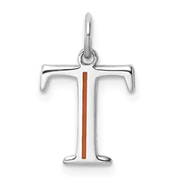 A silver cross pendant with curved arms and a red enamel vertical stripe down the center, suspended from a silver bail.