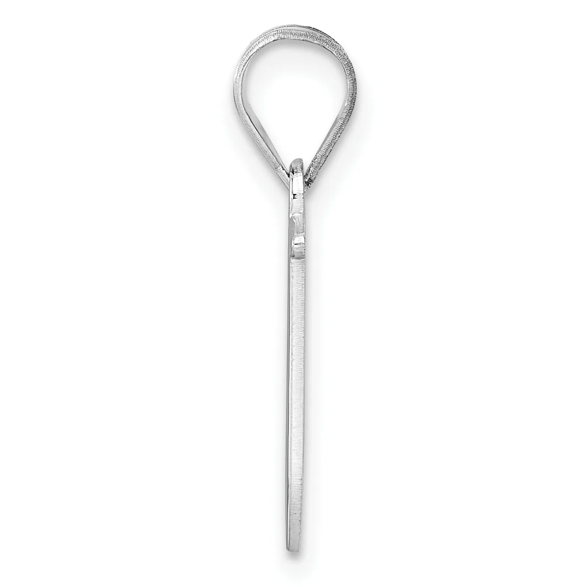 A silver teardrop-shaped pendant hanging from a thin chain against a white background.