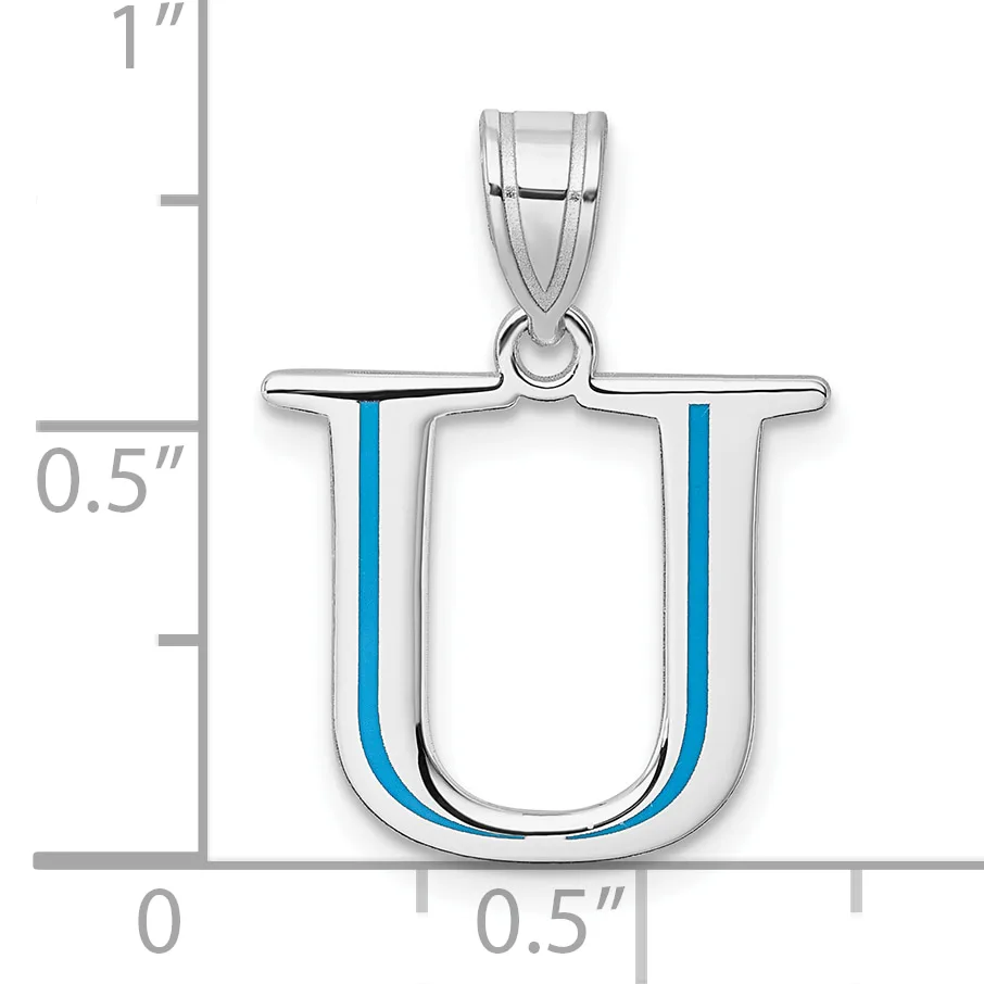 Silver pendant shaped like the letter U with blue enamel inlay on the sides, shown with a measurement scale indicating approximately one inch in height.