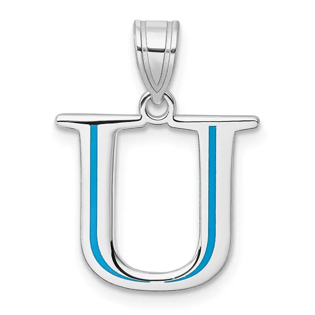 Silver pendant shaped like the letter U with blue enamel stripes on both sides and a bail loop at the top.