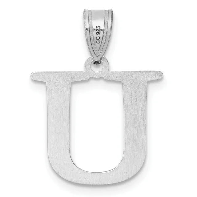 Sterling silver pendant shaped like the letter U with a brushed finish and a small stamped hallmark on the bail.