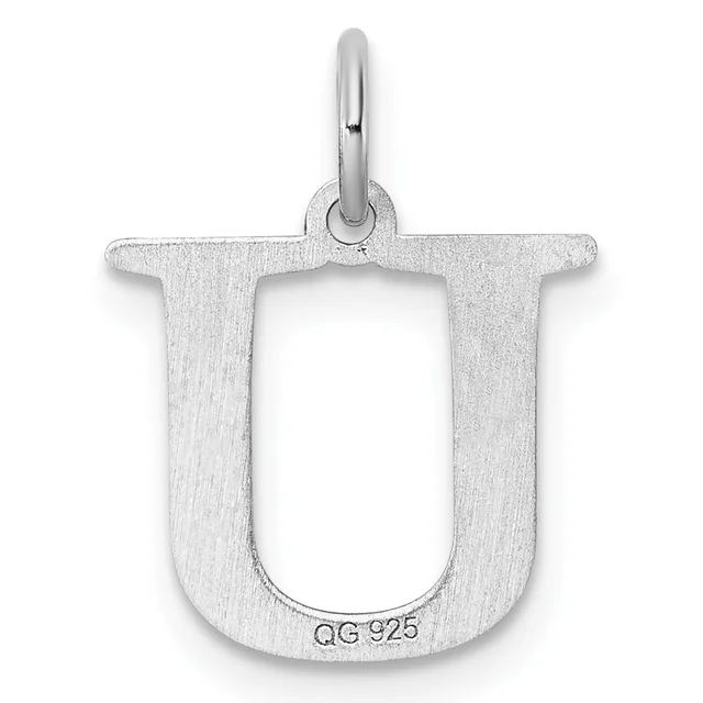 Sterling silver pendant in the shape of the letter U with a textured brushed finish and a small stamped hallmark at the bottom.