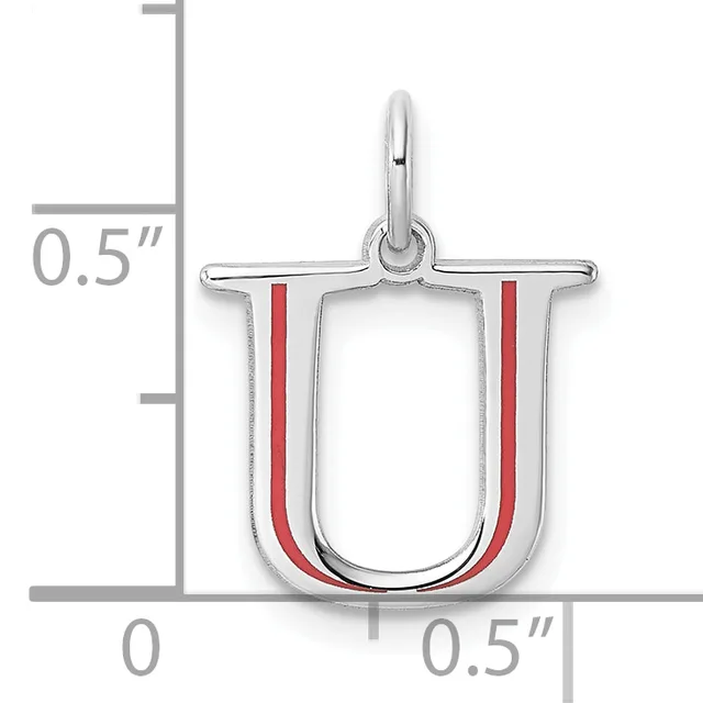 Silver horseshoe pendant with red enamel accents on the sides, shown with measurement scale indicating approximately 0.5 inches in height and width.