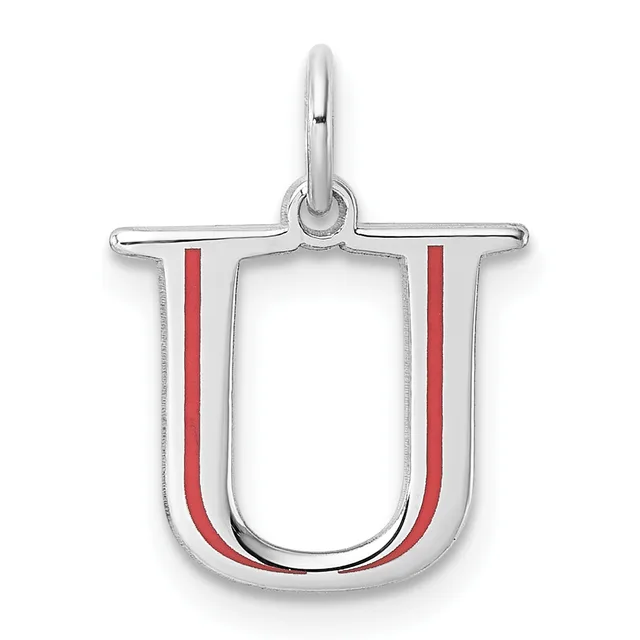 Silver pendant in the shape of the letter U with red enamel stripes on both sides and a loop attachment at the top.