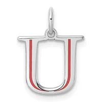 Silver pendant in the shape of the letter U with red enamel stripes on both sides and a loop attachment at the top.