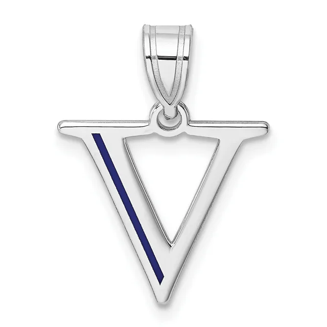 Silver pendant shaped like an inverted triangle with a blue enamel diagonal stripe on the left side, suspended from a silver bail.