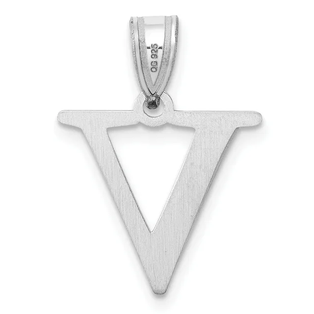 A sterling silver pendant in the shape of a downward-pointing triangle with a hollow center, suspended from a bail with a small stamped hallmark.