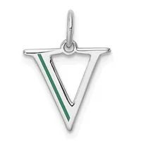Silver triangle pendant with green enamel stripe detail and small loop attachment at top.