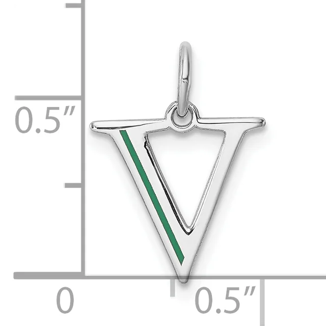 Sterling silver triangular pendant with green and black enamel stripes, shown with measurement scale indicating approximately 0.5 inches in height.