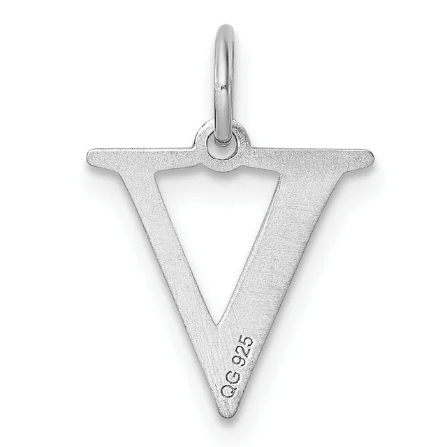 Sterling silver pendant in the shape of a capital V with a small loop at the top and a small stamped hallmark near the bottom point.