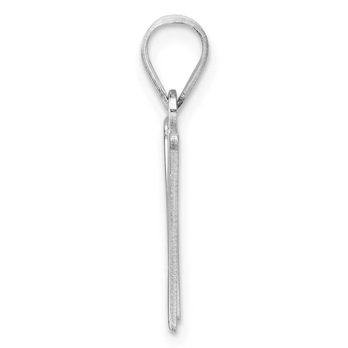 A long silver pendant with a teardrop-shaped loop at the top and a pointed shaft below, shown against a white background.