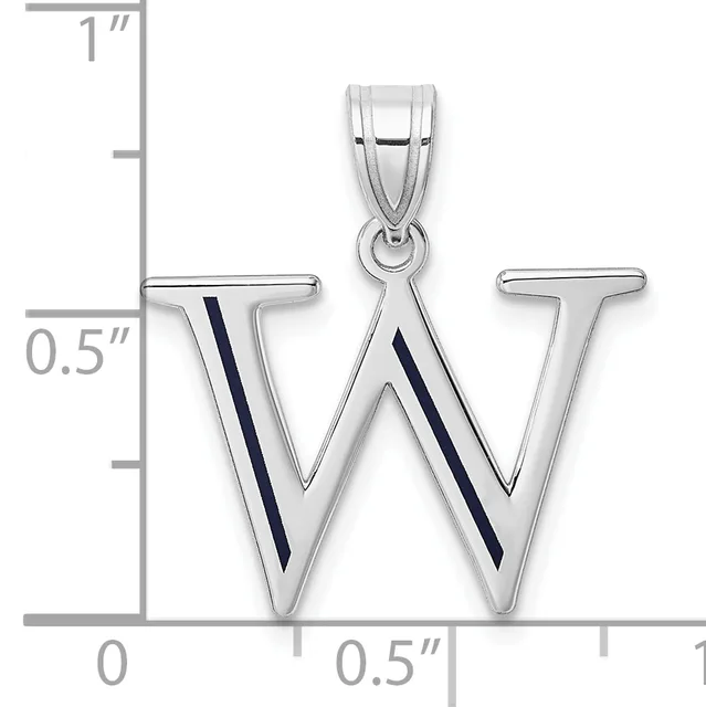 Silver letter W pendant with black enamel stripes, shown with ruler indicating approximately one inch height and half inch width.