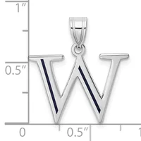 Silver letter W pendant with black enamel stripes, shown with ruler indicating approximately one inch height and half inch width.