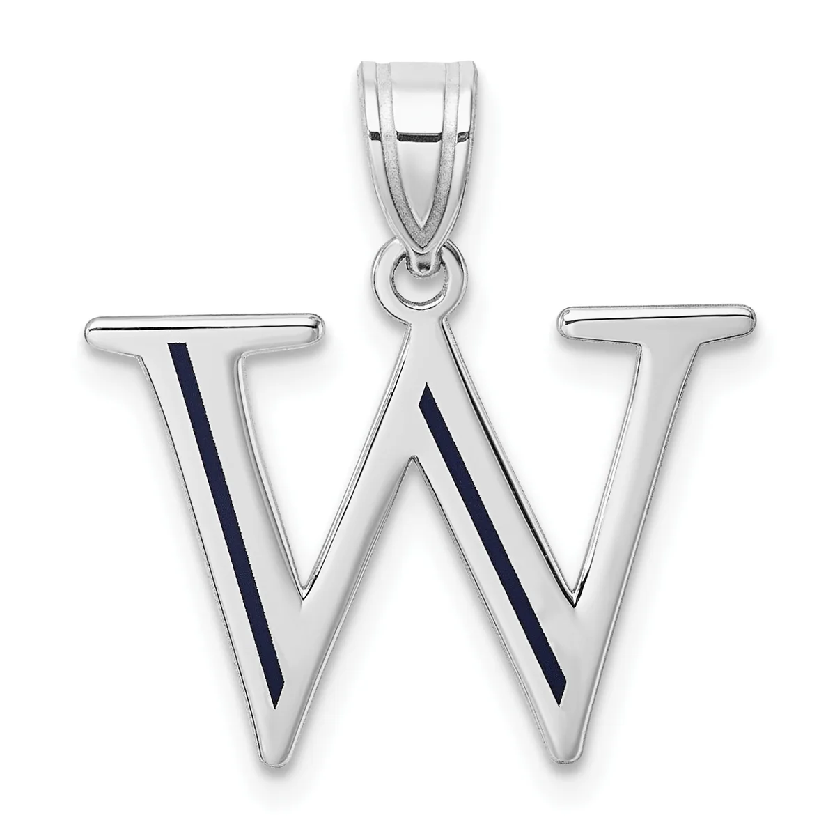 Sterling silver letter W pendant with dark blue enamel diagonal stripe detail, suspended from a bail, shown against white background.