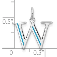 Silver letter W pendant with blue enamel accents, shown with a measurement scale indicating approximately 0.5 inches in height and width.