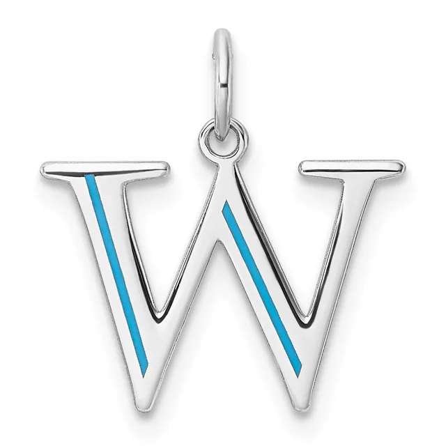 Silver letter W pendant with blue enamel stripes, suspended from a silver bail loop.