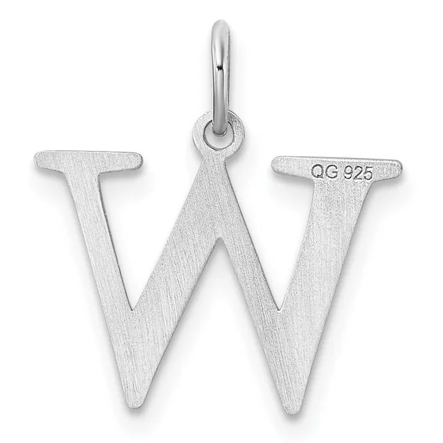 A sterling silver letter W charm with a polished loop at the top and a brushed matte finish on the letter face.