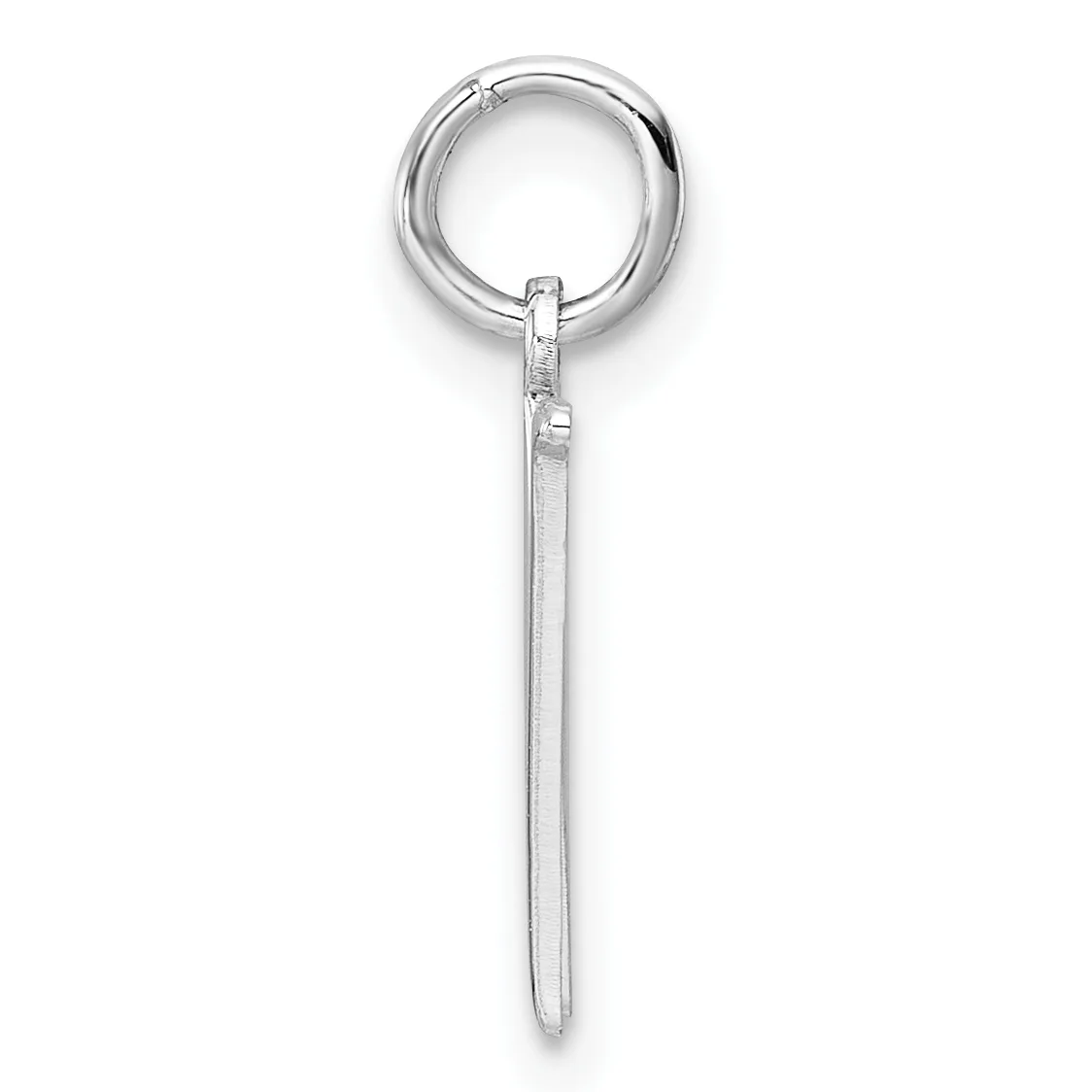 A silver-toned metal keychain with a circular ring at the top and an elongated rectangular pendant hanging below it.