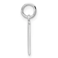 A silver-toned metal keychain with a circular ring at the top and an elongated rectangular pendant hanging below it.