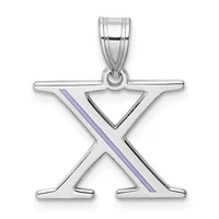 Sterling silver pendant shaped like the letter X with a purple enamel stripe running diagonally across the left side, suspended from a bail loop.