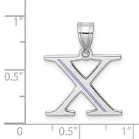 Silver pendant shaped like the letter X with a purple enamel stripe across one diagonal, shown next to a measurement scale indicating approximately one inch in height.