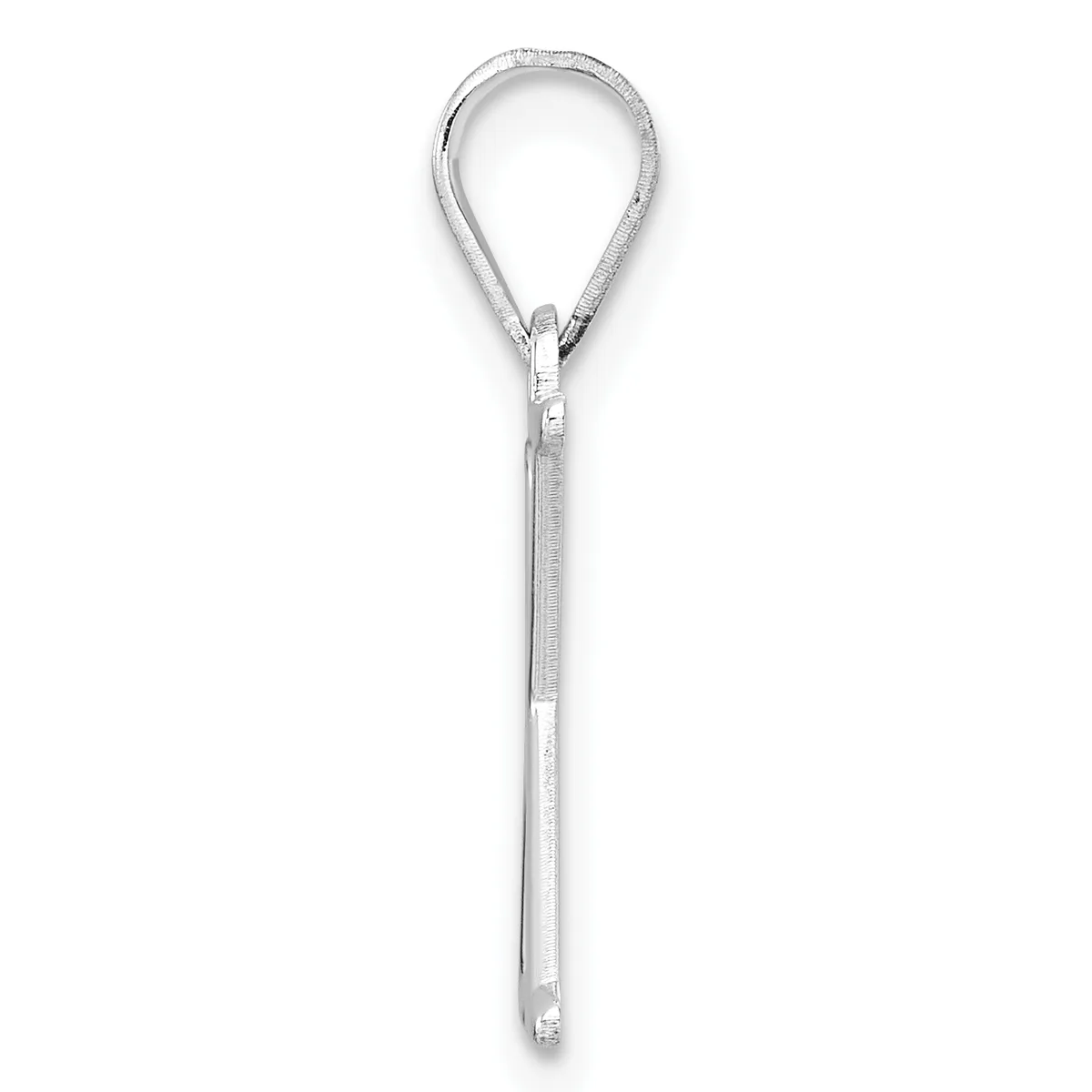 A silver teardrop-shaped pendant necklace with a long chain, displayed against a white background.