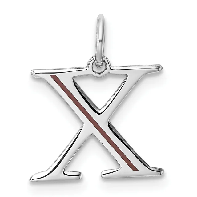 Silver pendant shaped like a stylized person with arms raised, featuring a burgundy stripe across the torso and small hallmark on the bail.