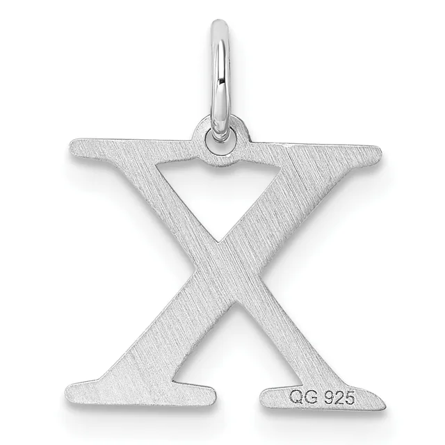 Sterling silver pendant shaped like the letter X with a textured brushed finish and a loop at the top for hanging.