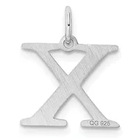 Sterling silver pendant shaped like the letter X with a textured brushed finish and a loop at the top for hanging.