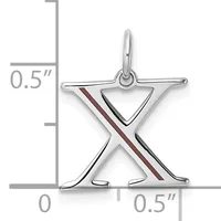 Silver pendant shaped like the letter X with enamel stripes in burgundy and black, shown with measurement scale indicating approximately 0.5 inches in height and width.
