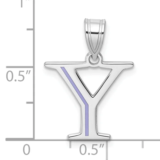 Silver martini glass pendant with a purple enamel stripe on the stem, shown with measurement scale indicating approximately half inch height.