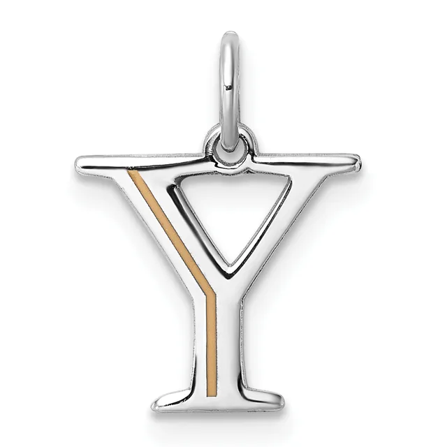 A silver pendant shaped like a martini glass with a triangular bowl, thin stem, and base, featuring a gold-toned stripe down the stem and a small loop at the top for hanging.