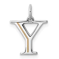A silver pendant shaped like a martini glass with a triangular bowl, thin stem, and base, featuring a gold-toned stripe down the stem and a small loop at the top for hanging.