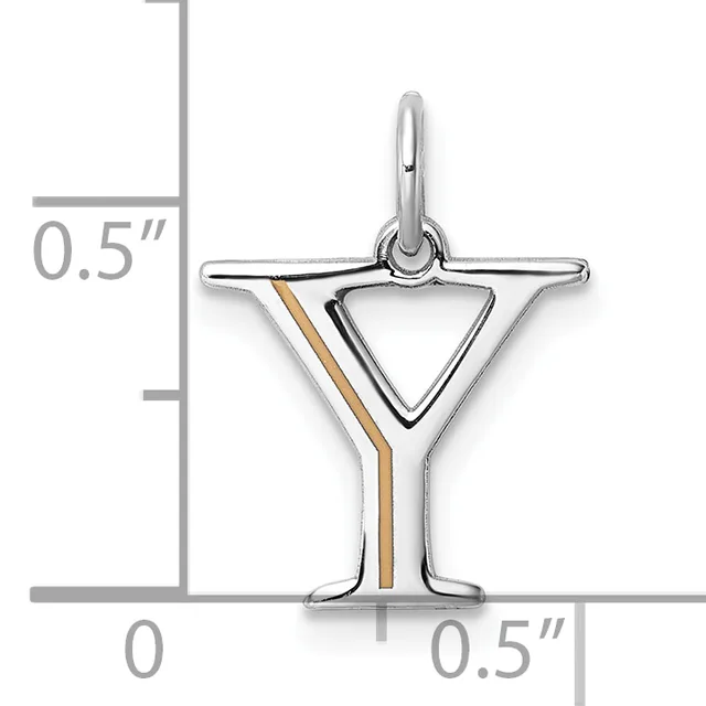 Sterling silver martini glass charm with a gold-filled stem stripe, shown with a measurement scale indicating approximately 0.5 inches in height and width.