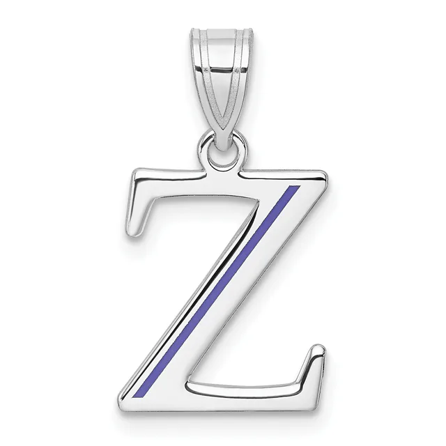 Silver pendant shaped like the letter Z with a blue enamel diagonal stripe, suspended from a silver bail.