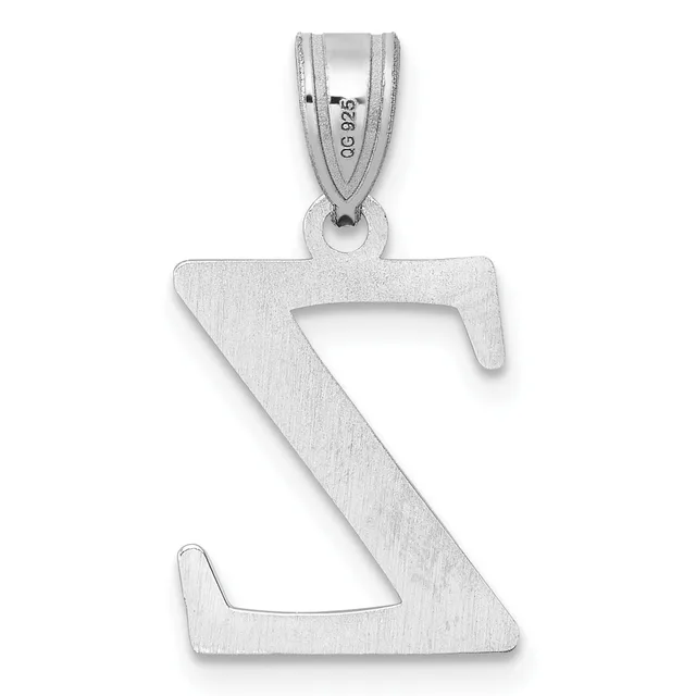 Sterling silver pendant in the shape of the letter Z with a brushed finish and a small stamped hallmark, suspended from a bail loop.