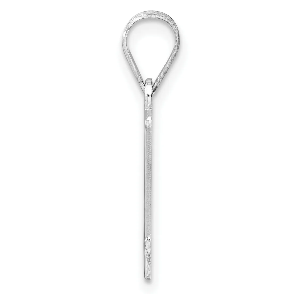 A silver teardrop-shaped pendant with a long chain against a white background.
