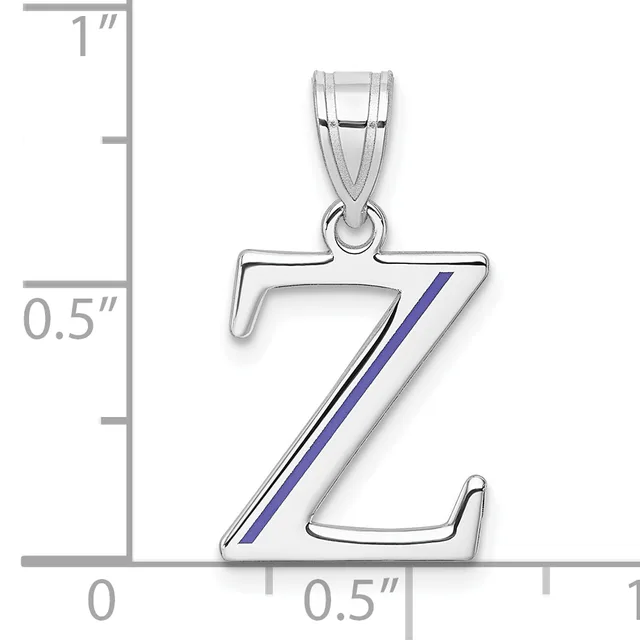 Silver pendant shaped like the letter Z with a blue diagonal stripe, shown next to a ruler indicating approximately one inch in height.