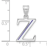 Silver pendant shaped like the letter Z with a blue diagonal stripe, shown next to a ruler indicating approximately one inch in height.